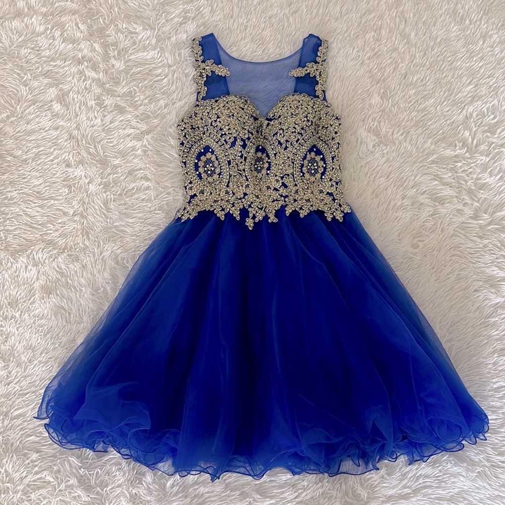 Eva USA formal dress, Blue with gold flower design, Size S